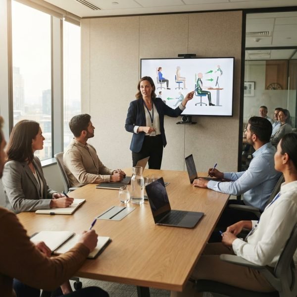 Kinesióloga dictando un taller de ergonomía y postura a un equipo corporativo