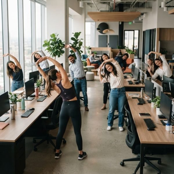 Equipo de oficina realizando estiramientos guiados durante una pausa activa