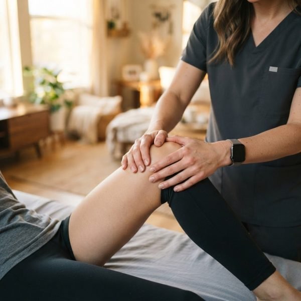 Kinesióloga realizando terapia manual en la rodilla de un paciente en su hogar